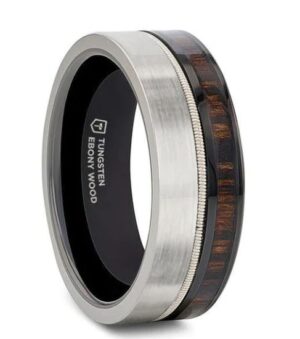 SLATE Tungsten & Black Ceramic Hybrid Ring with Steel Guitar String Ebony Wood and a Black Ceramic Interior - 8mm size 10