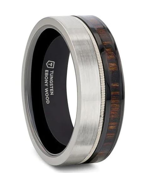 SLATE Tungsten & Black Ceramic Hybrid Ring with Steel Guitar String Ebony Wood and a Black Ceramic Interior - 8mm size 10