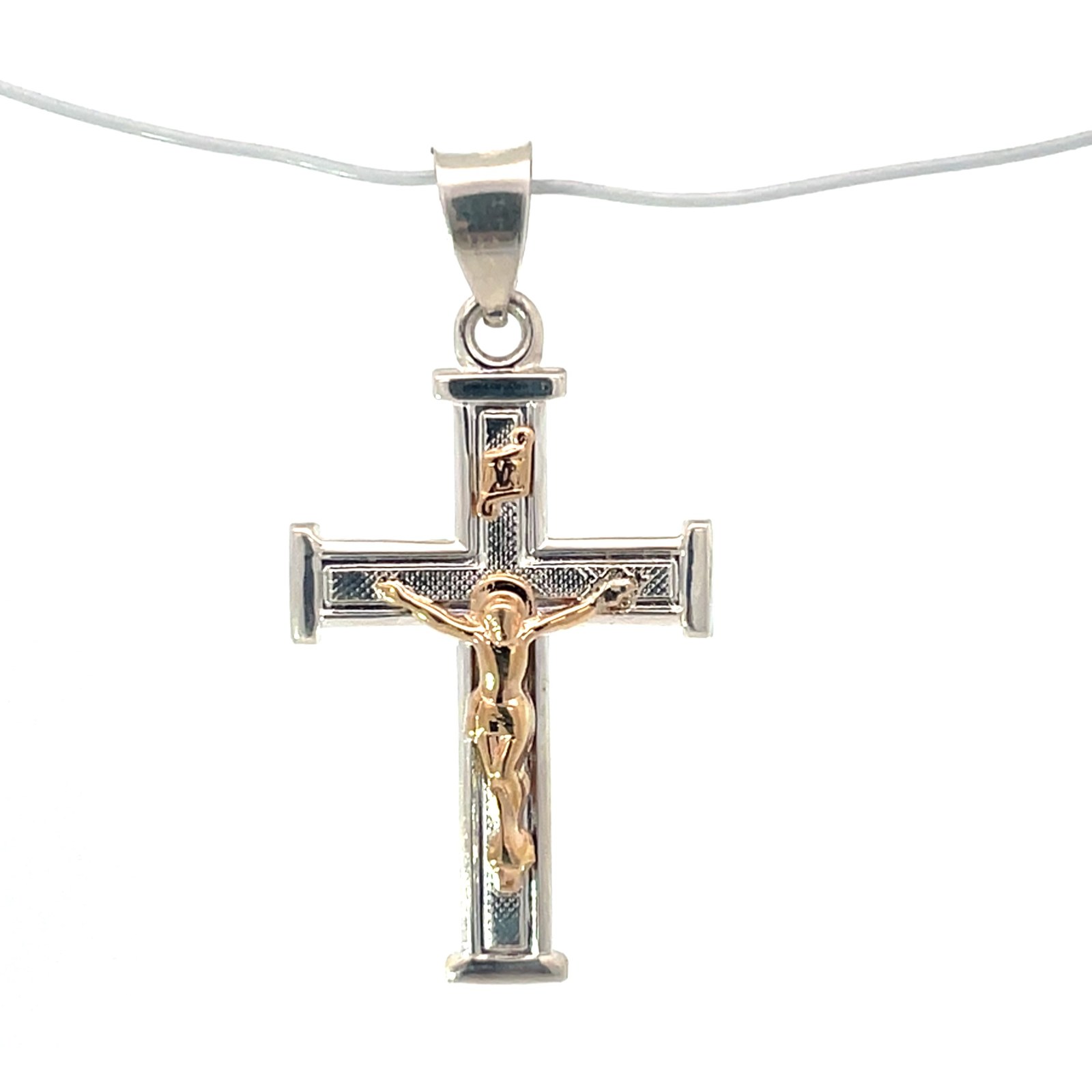 SCR .jpg Sterling Silver and 14kt yellow gold crucifix cross with a textured finish