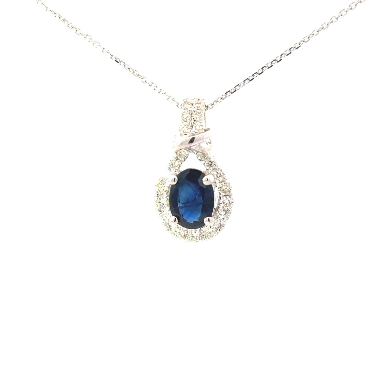 SCV SAP .jpg 14kt white gold diamond and sapphire pendant D tw 0.31cts S tw 1.06cts 0.8mm cable 18"