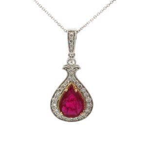 14kt two tone pear shape ruby and diamond halo on diamond cut cable D tw 0.29cts R tw 1.37cts VS2, G