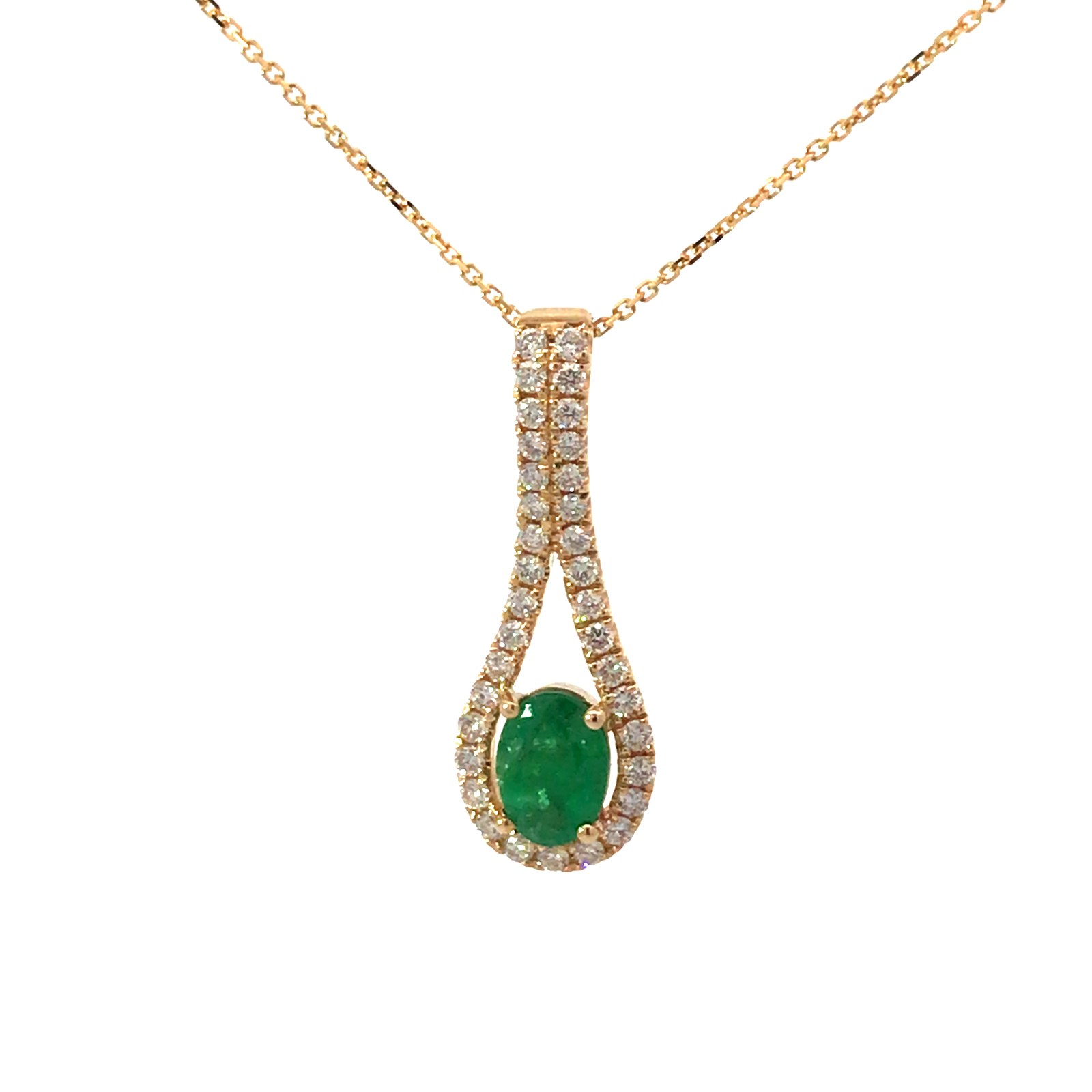 SD .jpg 14kt yellow gold diamond and genuine oval emerald pendant VS2, near colorless G D tw 036cts E tw 0.62cts 18"
