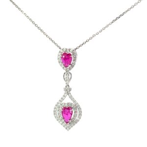14kt white gold diamond ruby and diamond shape heart halo pendant on 0.9mm cable chain 18" D tw 0.46cts R tw 1.19cts