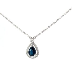 14kt white gold sapphire and diamond pear shap halo pendant on link chain D tw 0.22cts S tw 0.80cts