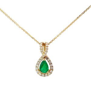 14kt yellow gold diamond and genuine emerald pear shape halo pendant D tw 0.15cts E tw 0.34cts on 18" diamond cut cable