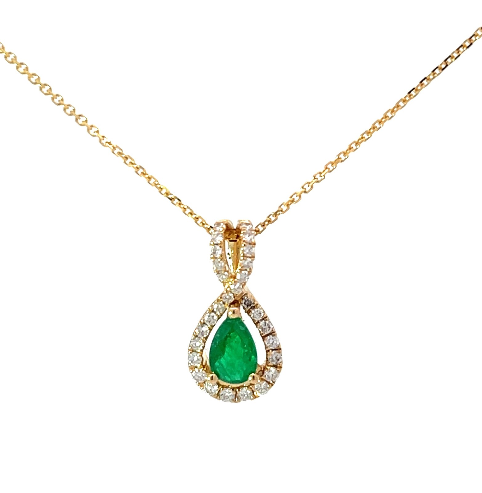 SD 14kt yellow gold diamond and genuine emerald pear shape halo pendant D tw 0.15cts E tw 0.34cts on 18" diamond cut cable