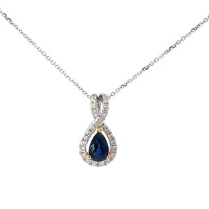 14kt white gold pear shape diamond and sapphire halo infinity pendant D tw 0.15cts S tw 0.49cts SI, H