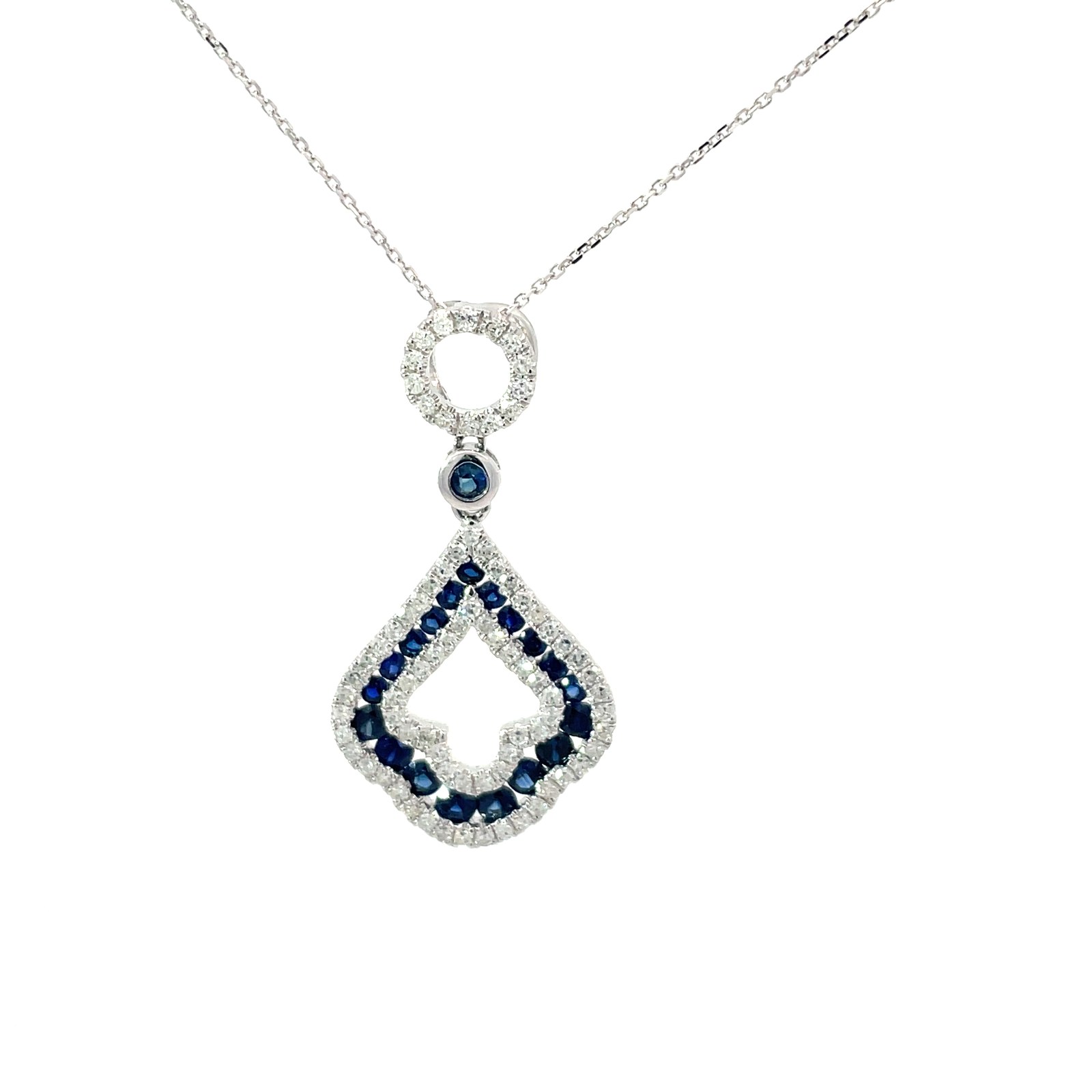 SD .jpg 14kt white gold diamond and genuine sapphire pendant D tw 0.53cts S tw 0.91cts on diamond cut cable chain 18"
