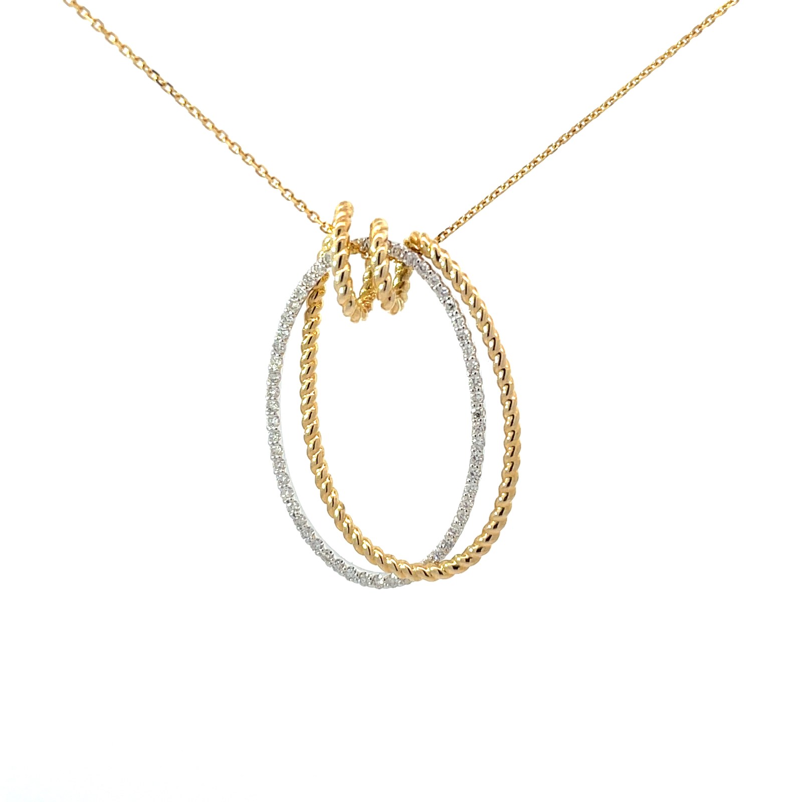 SD .jpg 14kt two tone oval diamond pendant with second cable oval intertwinted on diamond cut cable chain 18" D tw 0.36cts SI1,