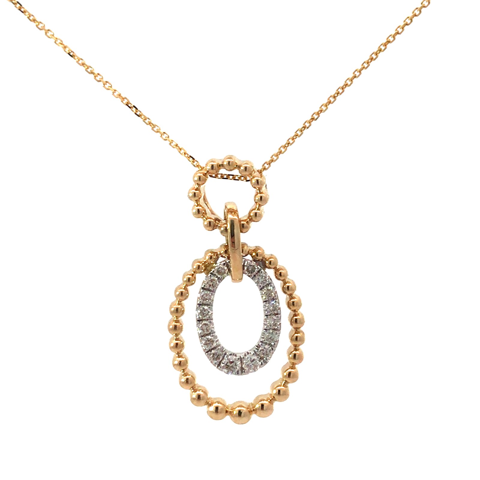 SD .jpg 14kt yellow gold graduating diamond bubble double circle pendant on diamond cut chain 18" D tw 0.26cts VS2, I
