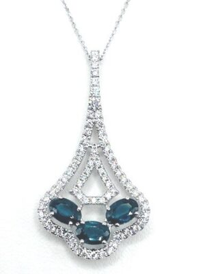 14kt white gold diamond and sapphire fashion drop pendant D tw 0.64cts S tw 1.75cts SI1, near colorless G/H on diamond cut cable 18"