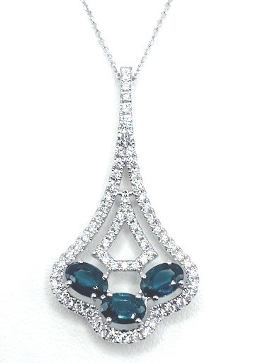 SDB .jpg 14kt white gold diamond and sapphire fashion drop pendant D tw 0.64cts S tw 1.75cts SI1, near colorless G/H on diamond cut cable 18"