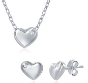 Sterling Silver petite heart with single cz necklace and earring SOLD AS SET