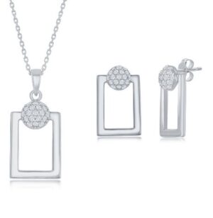Sterling Silver micro pave cubic zirconia open rectangle earring and pendant SOLD AS SET 18"