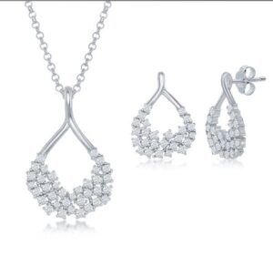 Sterling Silver cubic zirconia open pear shaped cluster pendant and earring SOLD AS SET 18"