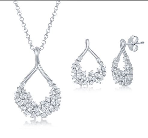 SET .jpg Sterling Silver cubic zirconia open pear shaped cluster pendant and earring SOLD AS SET 18"