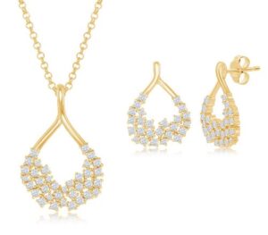 Sterling Silver gold plated cubic zirconia pear shaped cluster pendant and earring SOLD AS SET 18"