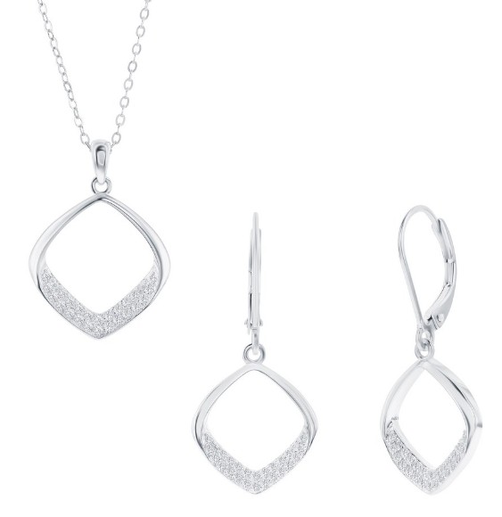 Sterling Silver rhodium plated Pave CZ diamond shaped necklace and earring SOLD AS SET