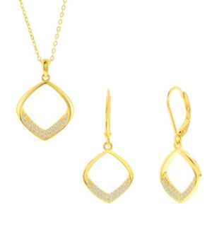 Sterling Silver gold plated Pave CZ diamond shaped necklace and earring SOLD AS SET