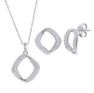 Sterling Silver rhodium plated pave square necklace and earring SOLD AS SET
