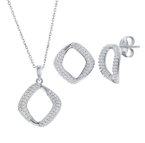 Sterling Silver rhodium plated pave square necklace and earring SOLD AS SET