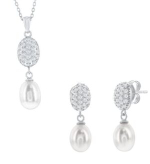 Sterling Silver rhodium plated cubic zirconia and freshwater pearl necklace and earring SOLD AS SET
