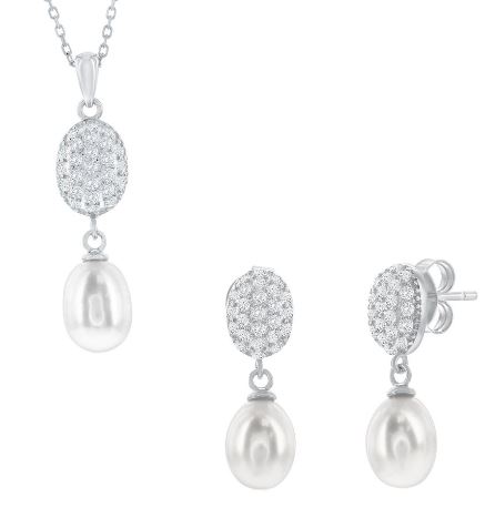 Sterling Silver rhodium plated cubic zirconia and freshwater pearl necklace and earring SOLD AS SET