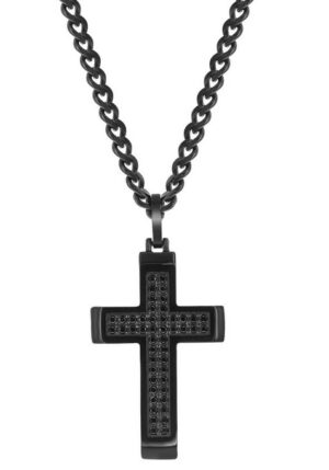 Stainless steel black cubic zirconia encrusted cross necklace 24"