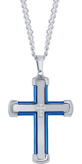 Stainless steel blue and silver cubic zirconia cross on cross necklace 24" with claw catch closure