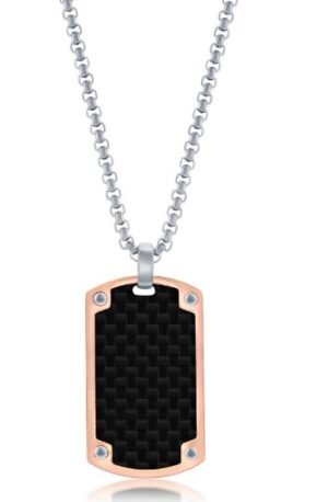 Mans Stainless Steel rose gold plated black carbon fiber dog tag necklace 24"