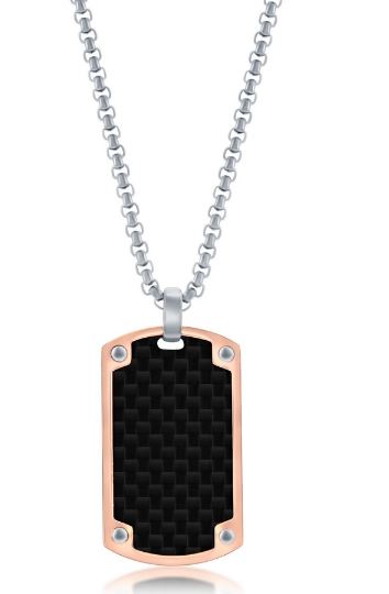SL .jpg Mans Stainless Steel rose gold plated black carbon fiber dog tag necklace 24"