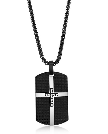 Stainless Steel Black Plated CZ Cross Dog Tag Necklace 24"
