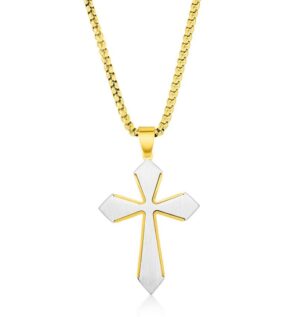 Stainless Steel and gold plated brushed cross necklace on round box chain