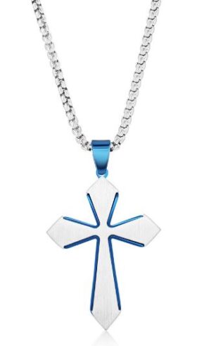 Stainless Steel Brushed Cross Necklace - Blue Plated