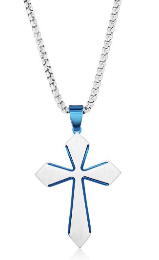 Stainless Steel Brushed Cross Necklace - Blue Plated