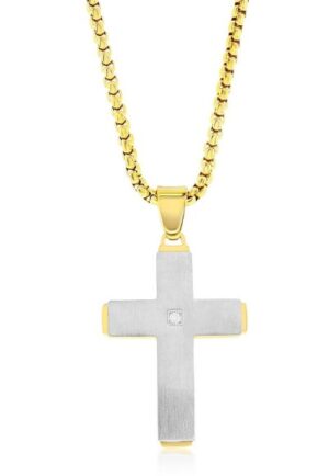 Stainless Steel Silver & Gold Single CZ Cross Necklace