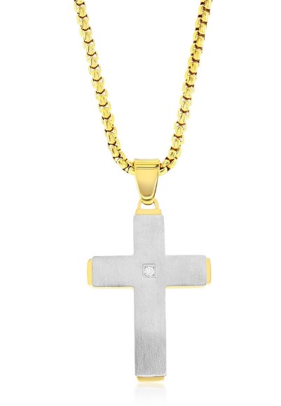 SL .jpg Stainless Steel Silver & Gold Single CZ Cross Necklace