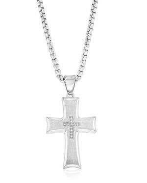 Stainless Steel and cubic zirconia cross pendant on round box chain