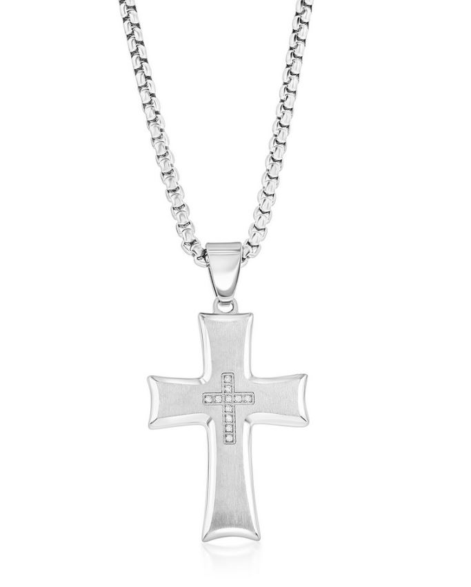 SL .jpg Stainless Steel and cubic zirconia cross pendant on round box chain