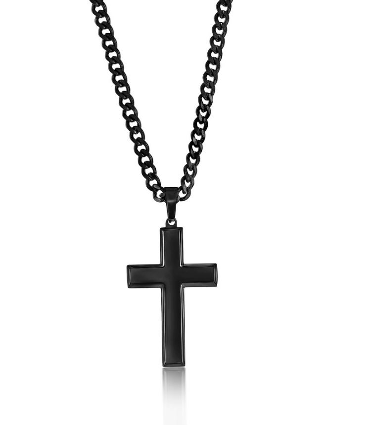 SL .jpg Stainless Steel black plated polished cross pendant on curb link chain