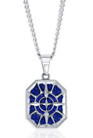 Stainless Steel with compass and blue cubic zirconia necklace on link chain 24"
