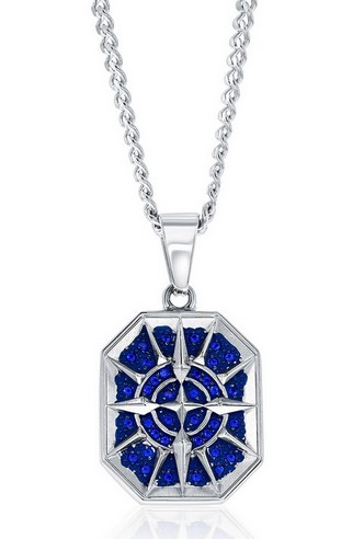 SL .jpg Stainless Steel with compass and blue cubic zirconia necklace on link chain 24"
