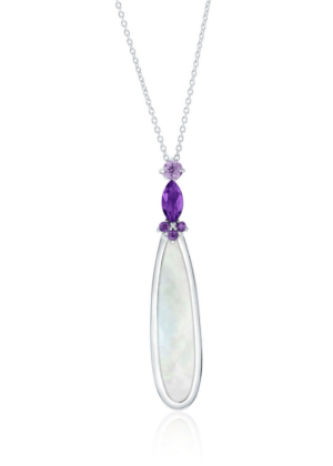 Sterling Silver rhodium plated mother of pearl and genuine amethyst pear shaped pendant on adjustable chain