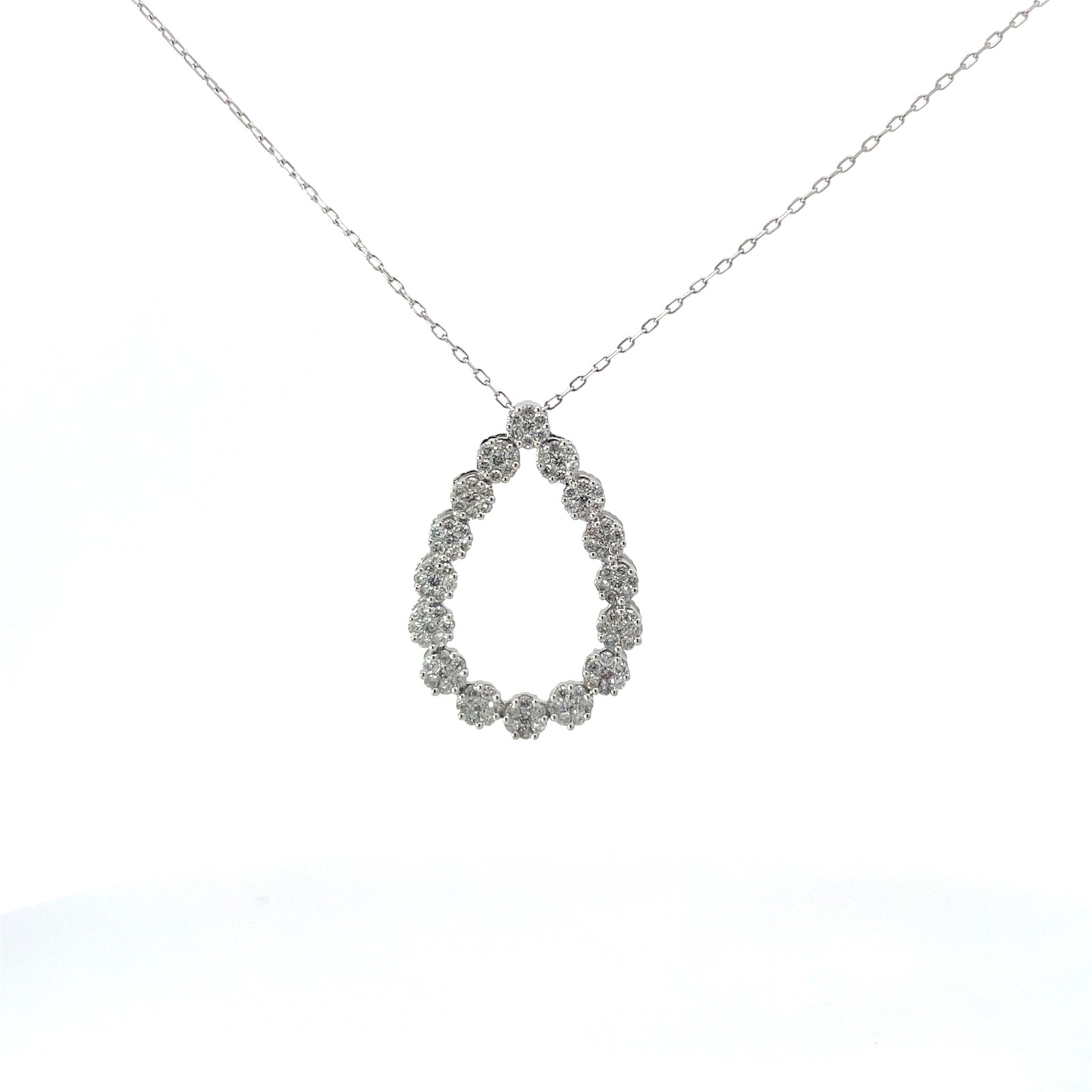 SPRC Y QZQ .jpg 10kt white gold diamond fashion open cluster pendant D tw 1.02 cts Si1/Si2 clarity, near colorless H color on 18" chain