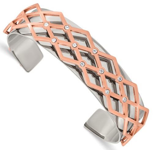SRB .jpg Stainless Steel 16mm Polished Rose IP-plated with Crystal Bangle