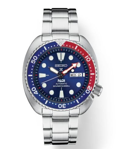 SRPE .jpg Seiko Mans PADI blue dial with red and blue bezel day/date divers bracelet style watch WR200