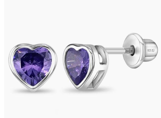 SS .jpg Sterling Silver cubic zirconia February purple heart stud earring with screw backs