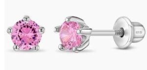 Sterling Silver 4mm cubic zirconia October birthstone stud childs earring with screw backs