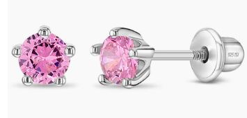 SS .jpg Sterling Silver 4mm cubic zirconia October birthstone stud childs earring with screw backs