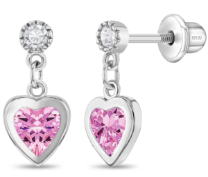 Sterling Silver pink heart dangle childs earring with screw backs